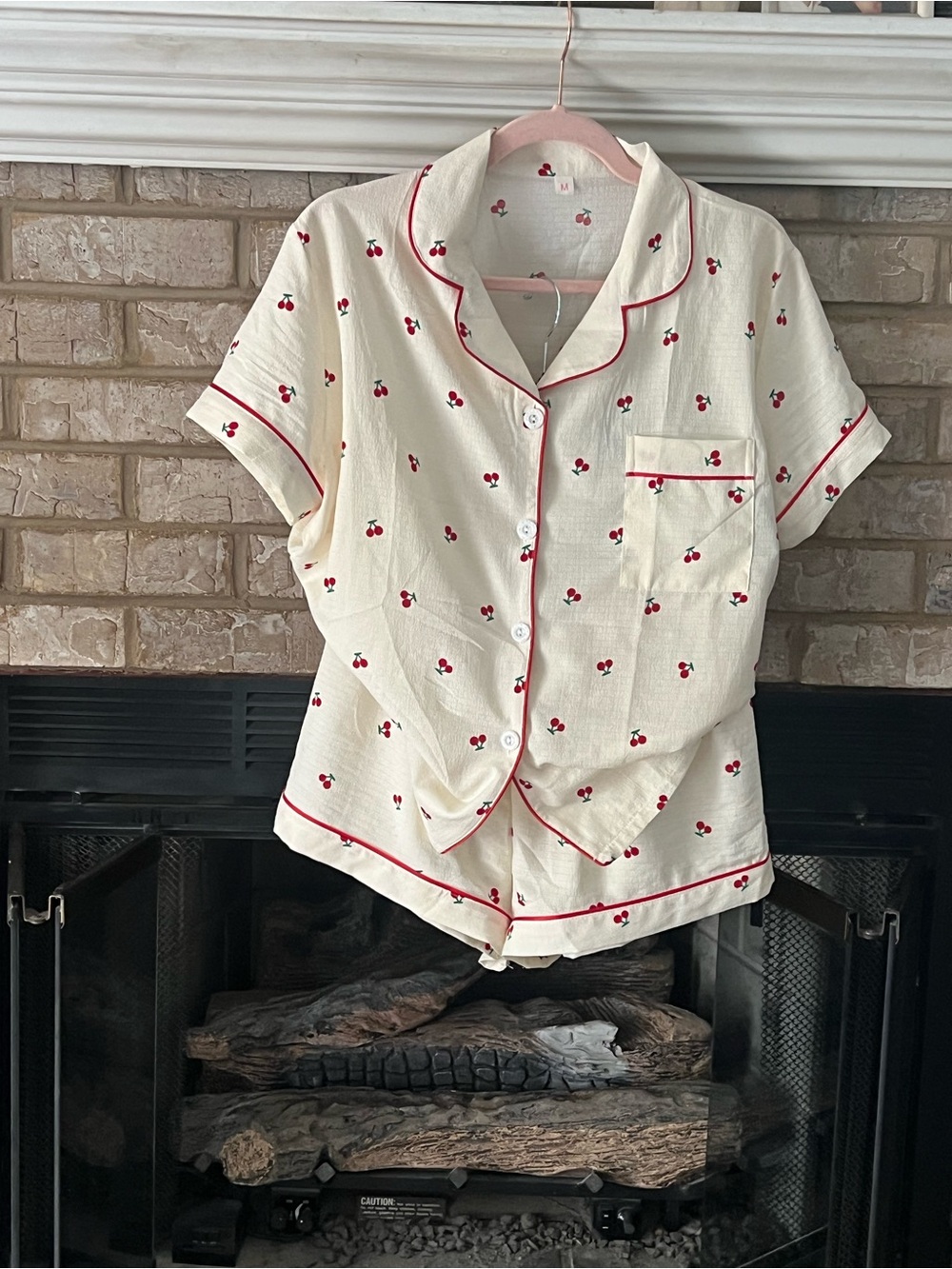 Cherry Print Cream Short Pajama Set with Red Piping size med never worn -washed